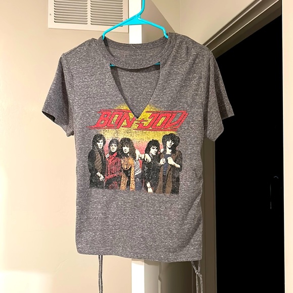 BandMerch LLC Tops - Forever21 Bon Jovi Grey Collarneck Concert Tee Side Ties Size Small